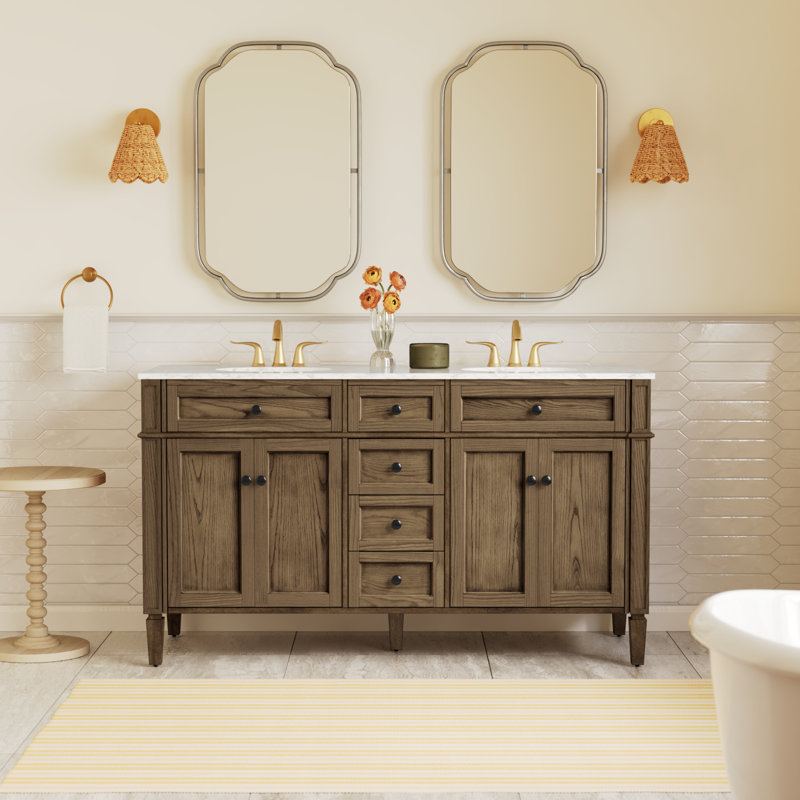 Rivers 60'' Double Bathroom Vanity with Marble Top, Driftwood