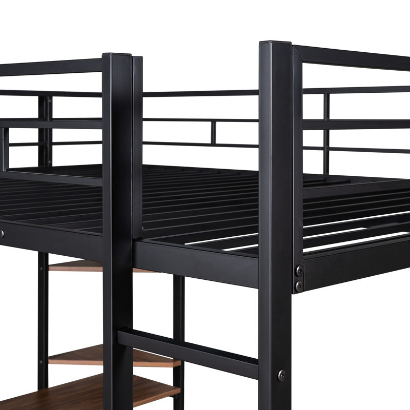 Lit mezzanine en métal noir avec bureau et 2 tablettes - pleine grandeur, stable, optimisant l'espace pour la taille et les tablettes, robuste