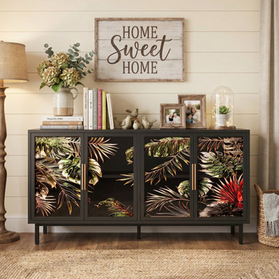 60.3" Tropical Art Glass Buffet Cabinet, 4-Door Storage Sideboard With Botanical Patterns For Dining & Living Room