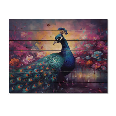 Vibrant paon II - animaux, décoration murale en bois sur bois de pin naturel