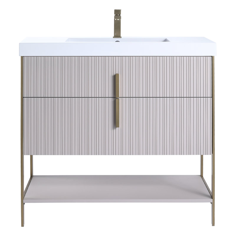 Meuble-lavabo moderne avec plateau en acrylique Serenity, Taupe vif / laiton, 36", Blanc