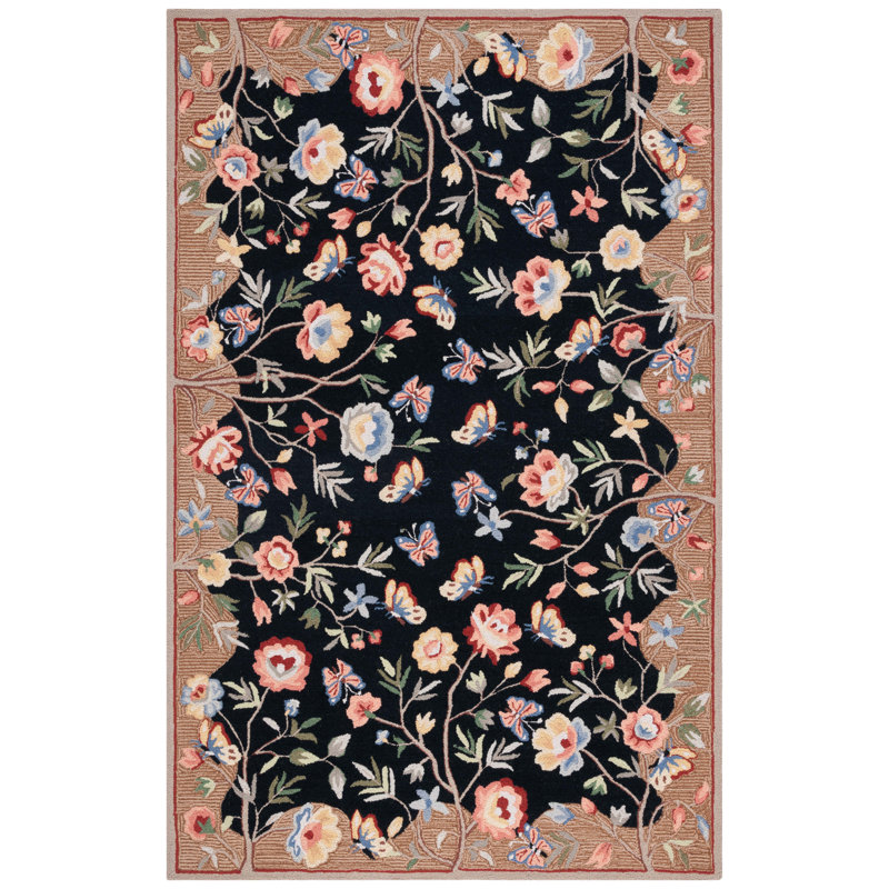 Elihu Hand Tufted Wool/Cotton Floral Rug in Black/Brown, Rectangle 5' x 8'