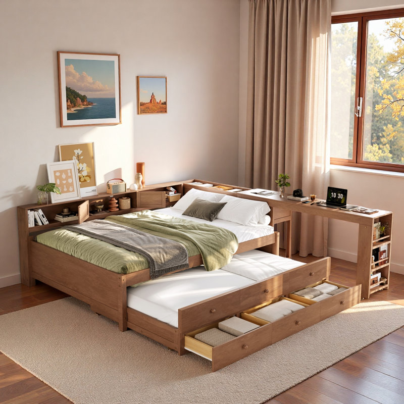Lit de jour en bois avec tiroirs de rangement, tablettes latérales, bureau et lit gigogne, Brun rétro, Double