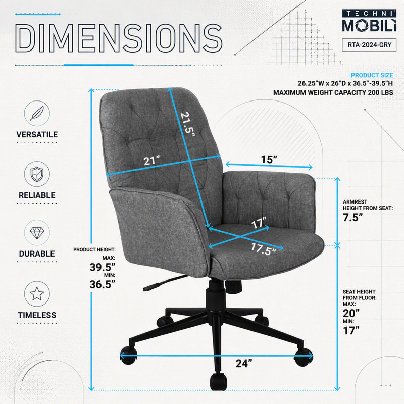 Chaise de bureau ergonomique moderne rembourrée avec hauteur réglable et fonction bascule, idéale pour les personnes de grande taille.