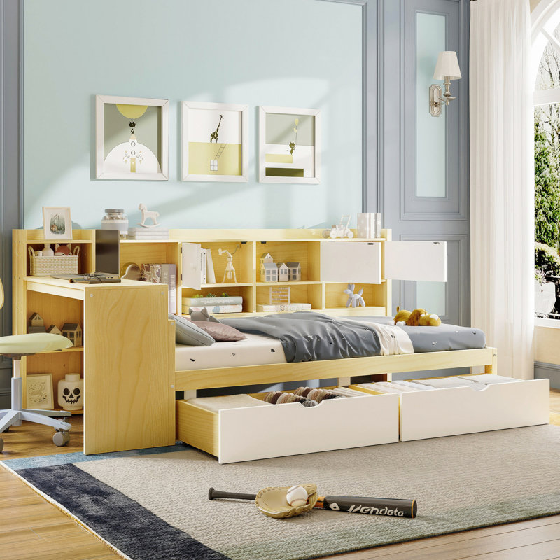 Wooden L-Shape Daybed With Seven Storage Cabinets And Two Storage Drawers, Multi-Functional Bed With Study Desk And Built-In Bookshelf