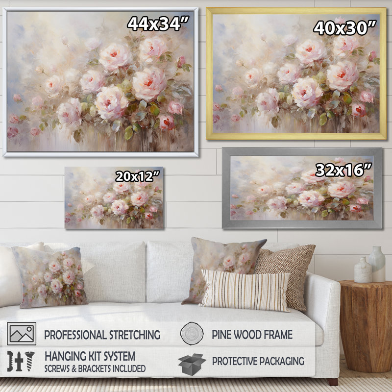 «Pink Roses Farmhouse Charm - Roses, art sur toile, Toile tendue, H 30 po x l 40 po, Sans cadre