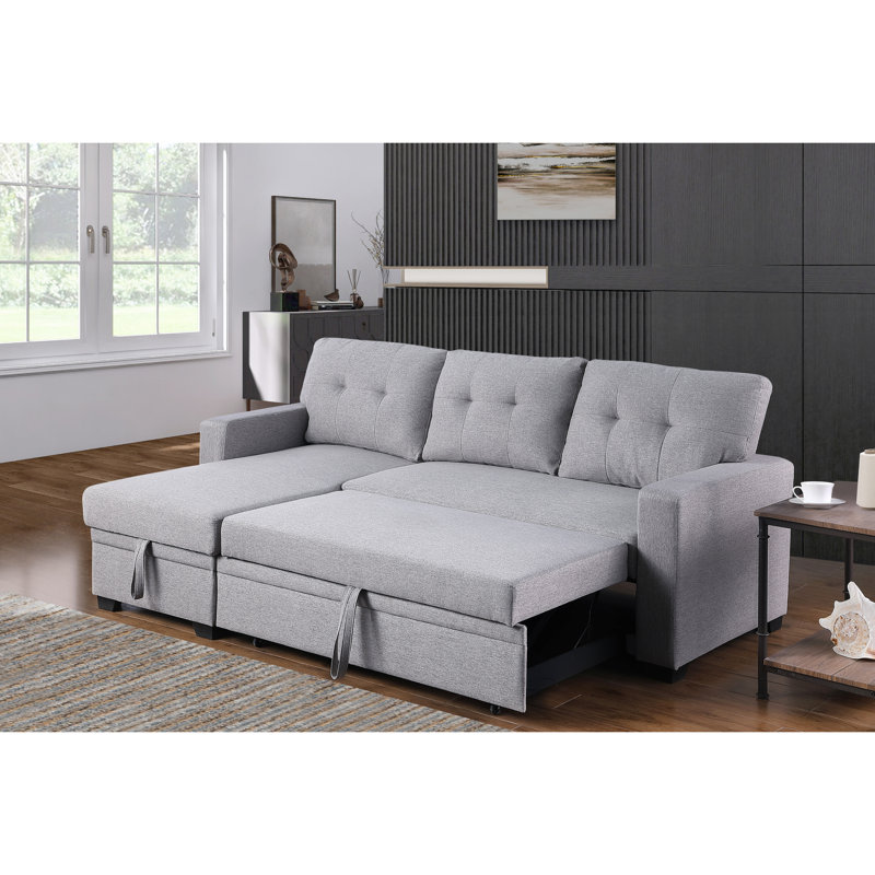 3 - Seat, Upholstered Pull Out Sectional , Chaise, Storage, Convertible, Twin Size Sleeper, Removable Back Cushions, Overnight Stays, Linen Seat Gray With Chaise And Convertible To Sleeper Bed,