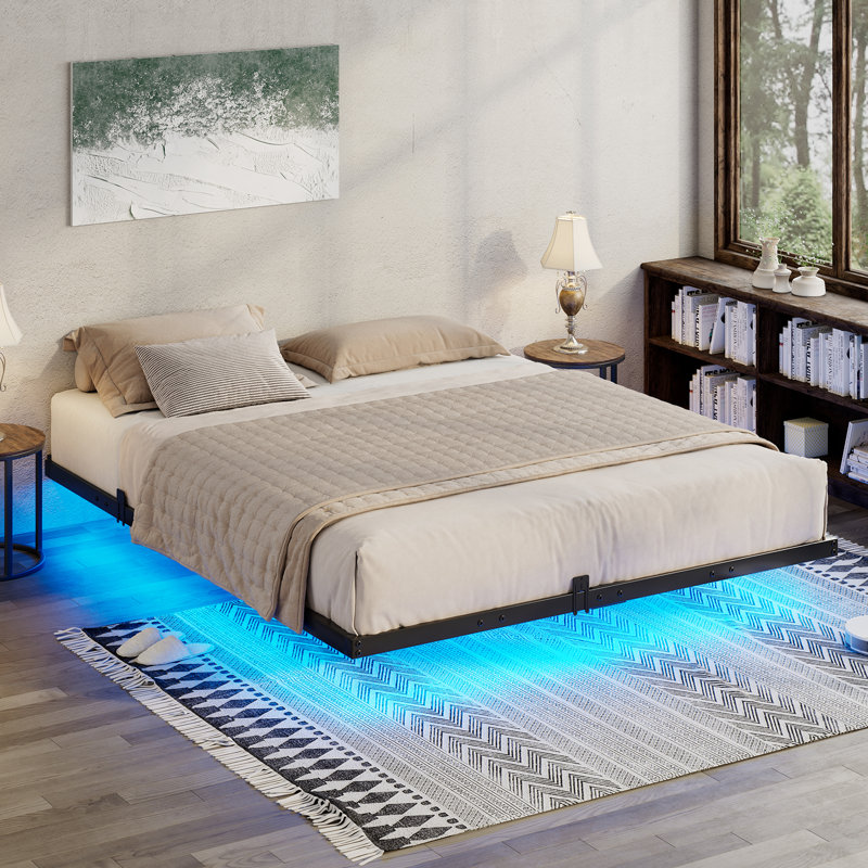 Floating Bed Frame With Led Light, Black, Queen