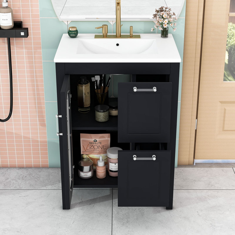 Meuble-lavabo simple en bois autoportant avec lavabo en céramique, porte en verre Moru et tablette réglable, Noir