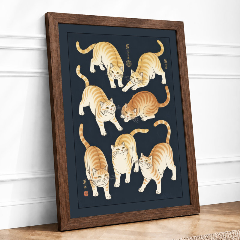 Seven Tabby Cats Japandi - Framed Print, A2 - 59.4 x 42.0 cm, Walnut