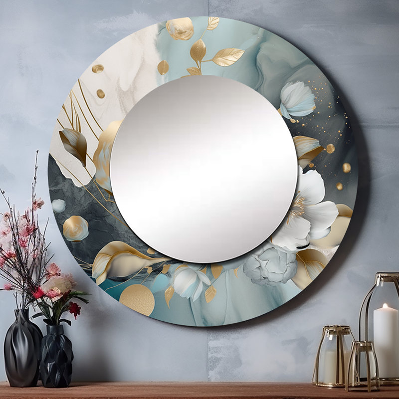 Shimeeka Blue Marble Gold Floral Impressions II - miroir mural décoratif floral, miroir rond traditionnel, impression d'art en métal
