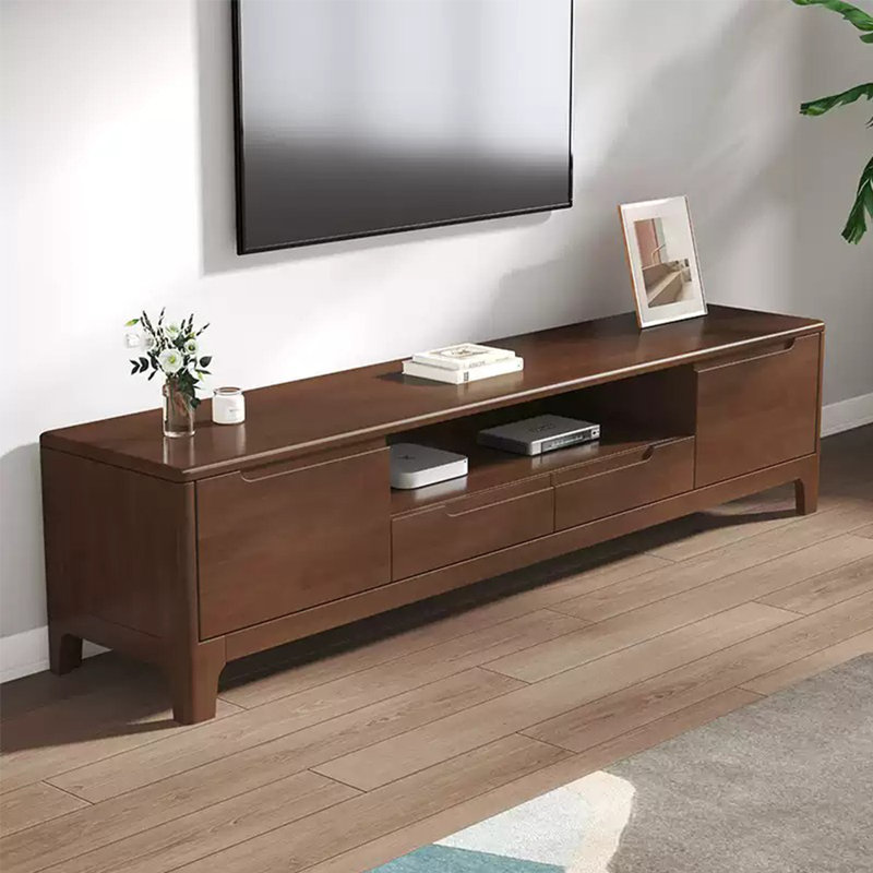 Meuble télé moderne en bois massif avec grand tiroir, Noyer, H 18,89 po x l 59,05 po x P 14,96 po