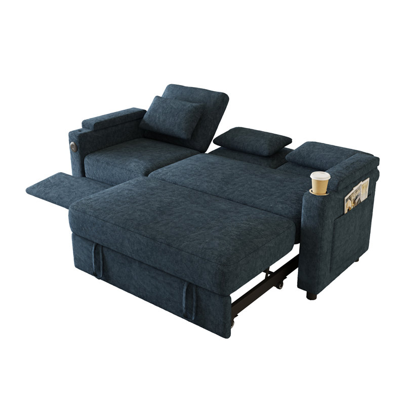 Canapé-lit pliable de 83 pouces 3-en-1 pour trois personnes avec une table et des ports USB, Bleu