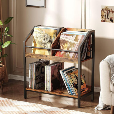 Support de rangement pour disque vinyle à 2 niveaux, étagère de présentation de 250 disques, support de rangement en bois avec séparateurs en fil de fer, brun rustique et noir