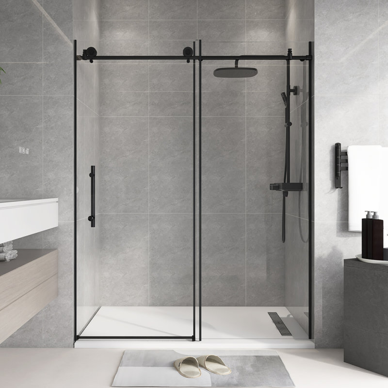 56-60 "W X 76"H Frameless Shower Door In Matte Black, Matte Black