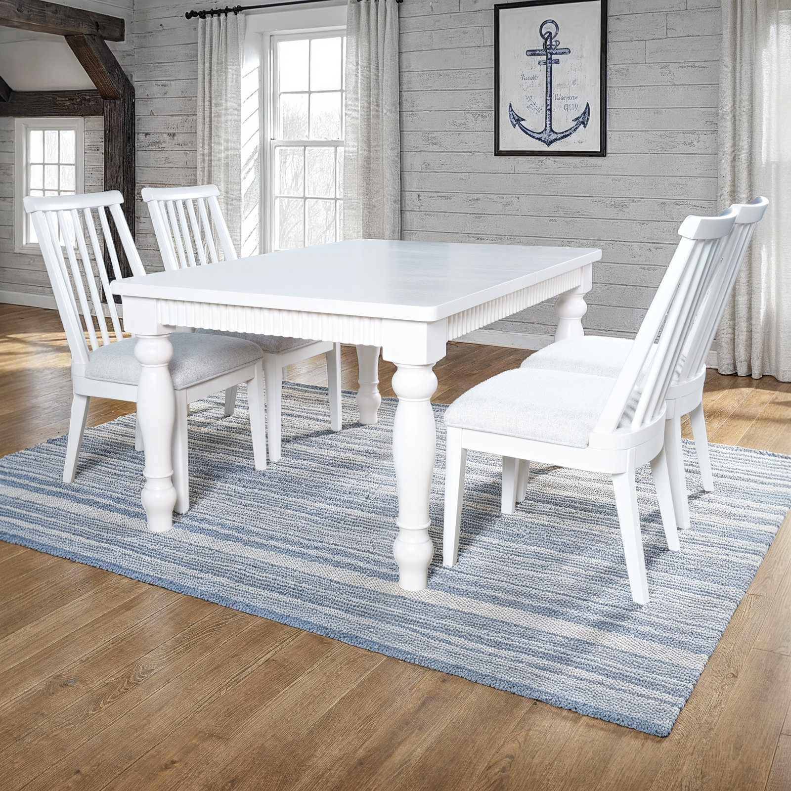 Pearce Modern Farmhouse Extension Dining Set With Dowelback Chairs, 5 Pieces: Table, 4 Chairs, White