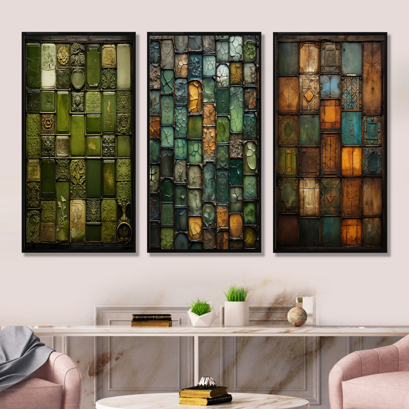 Green Stones Tiles I - Ensemble de 3 tuiles murales abstraites, H 28 po x l 36 po, Cadre flottant noir