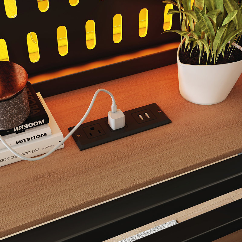 ** Lit mezzanine simple avec tablettes de rangement et panneau perforé en métal et panneau de fibres à densité moyenne avec ports USB et lumières DEL Vertispark **