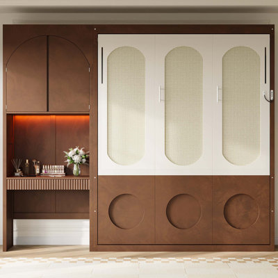 Lit escamotable Queen Size avec armoire de rangement latérale, éclairage DEL, bureau intégré, tiroirs et portes d'armoire cintrées