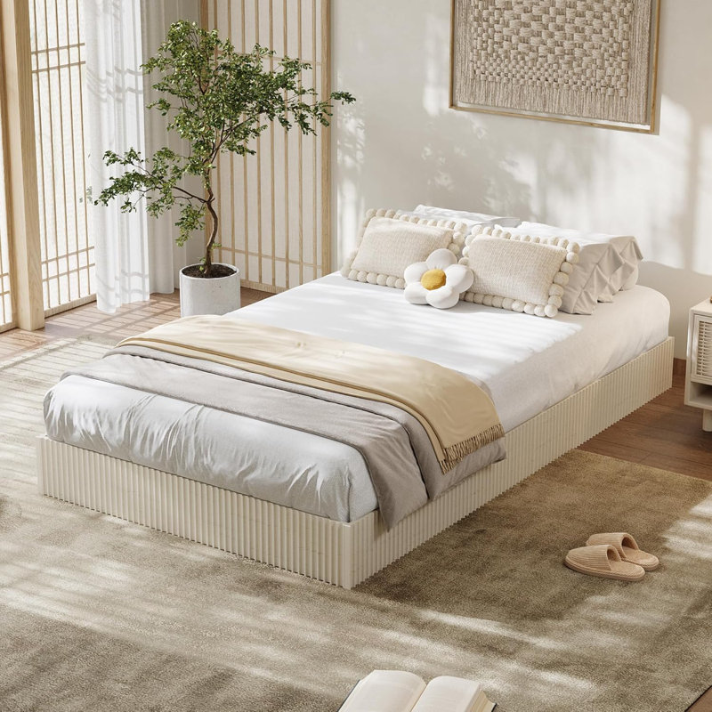 King Wood Platform Bed Frame, Modern Fluted Wooden Design, Heavy-Duty Support, No Box Spring, Oak, Ivory, King