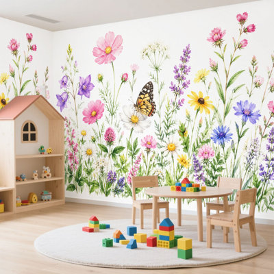 Peel and Stick Wallpaper Wall Mural Delicate floral meadow flowers pink kosmeya Wildflowers Wall Art Self Adhesive and Removable