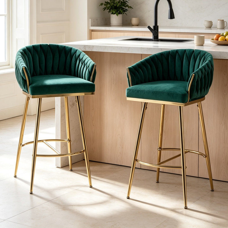 Tabourets de bar de 66 cm (26 po) en velours, hauteur de comptoir, avec dossier et repose-pieds incurvés en tissu tissé, Vert