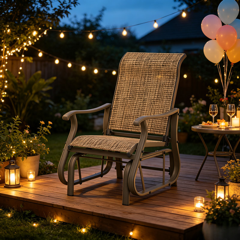 Fauteuil à bascule d'extérieur Outsunny, avec structure en acier et tissu en maille, idéal pour terrasse, jardin et véranda, couleur brun clair.