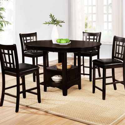 Table de salle à manger à hauteur de comptoir avec table ronde extensible, siège en bois, sièges noirs, rangement fermé à piédestal pour Decor Wood 5, rallonge de table de 18 po, tabourets à dossier et ouvert