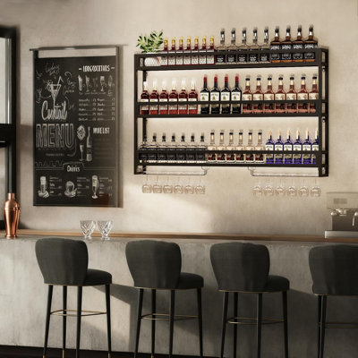 Wine Rack With LED Light Metal Wine Rack Wall Mounted, 3-Tiers Bar Liquor Shelf With Wine Glass Holder, Industrial Liquor Bottle Display Storage Shelf For Home Bar, Dining Room (Black, 120Cm)