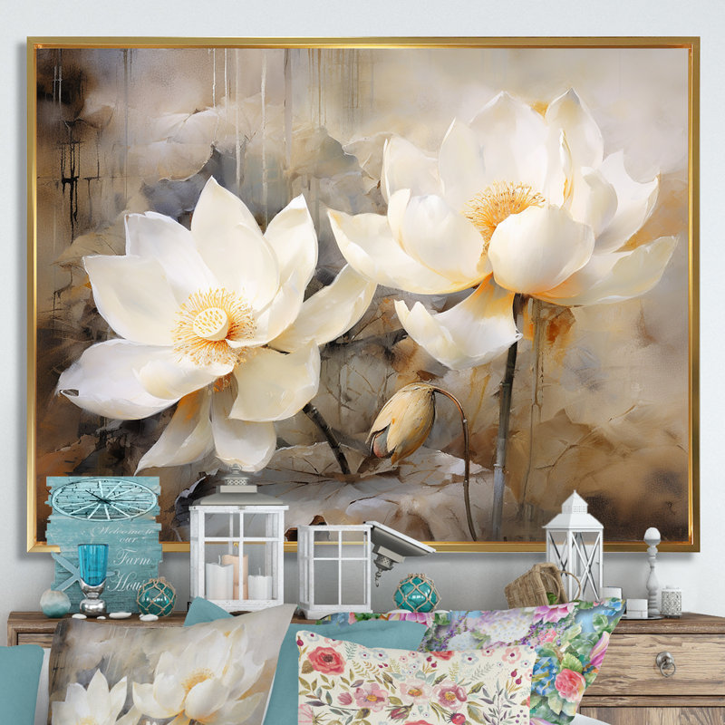 Lotus Exquiste Country Charm - impression sur toile Lotus, Cadre flottant doré, H 34 po x l 44 po x P 1,5 po