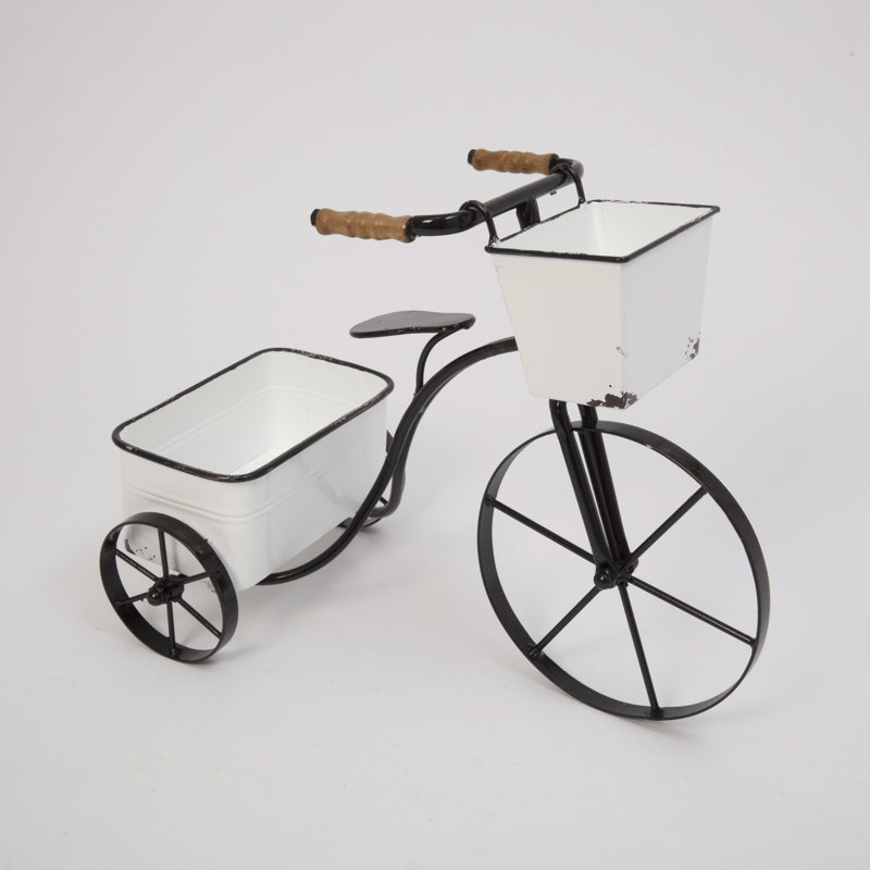 17.7-Inch Vintage Metal Tricycle Planter – Dual White Enamel-Style Bins with Rustic Wood Grips