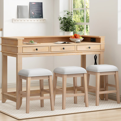 4 - Piece Dining , Compact Office Areas, Counter Height Table, 3 Drawers, Charging Features, Stools With Upholstered Seats, Natural Appearance Table F