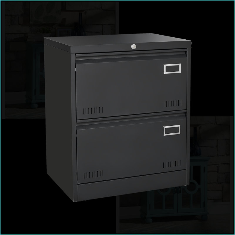 Cabinets: Classeur latéral en métal à 2 tiroirs avec serrure pour bureau personnel, rangement légal / lettre / A4 | Noir | Métal