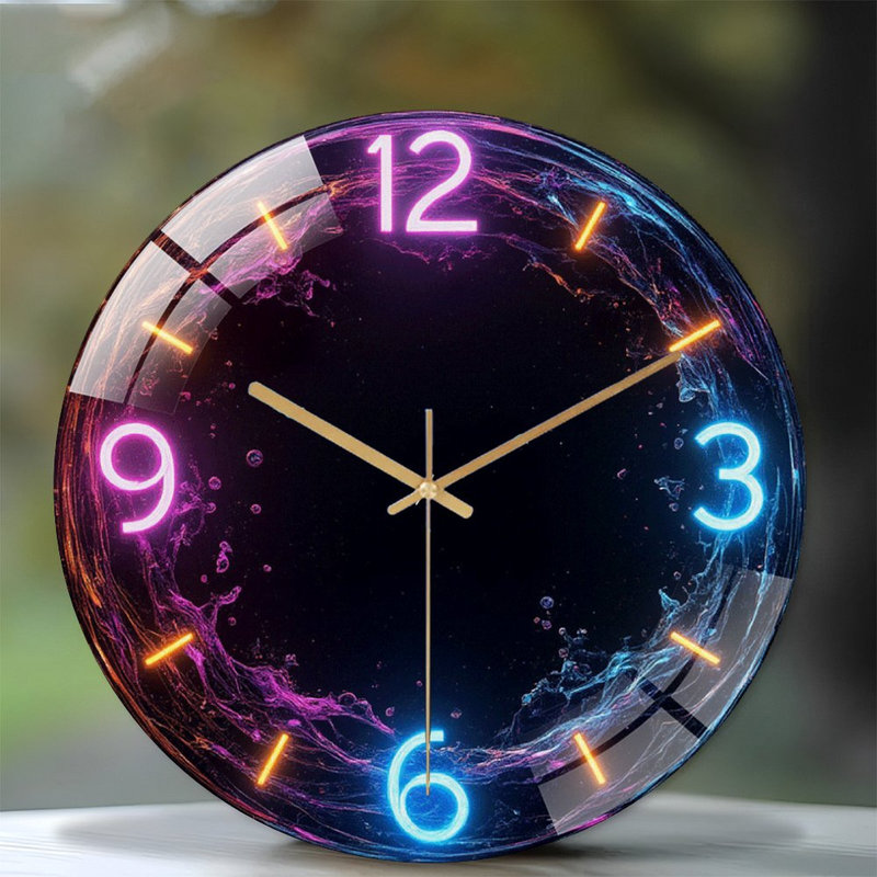 Neon Wall Clock with 12'' Modern Glass Wall Clock