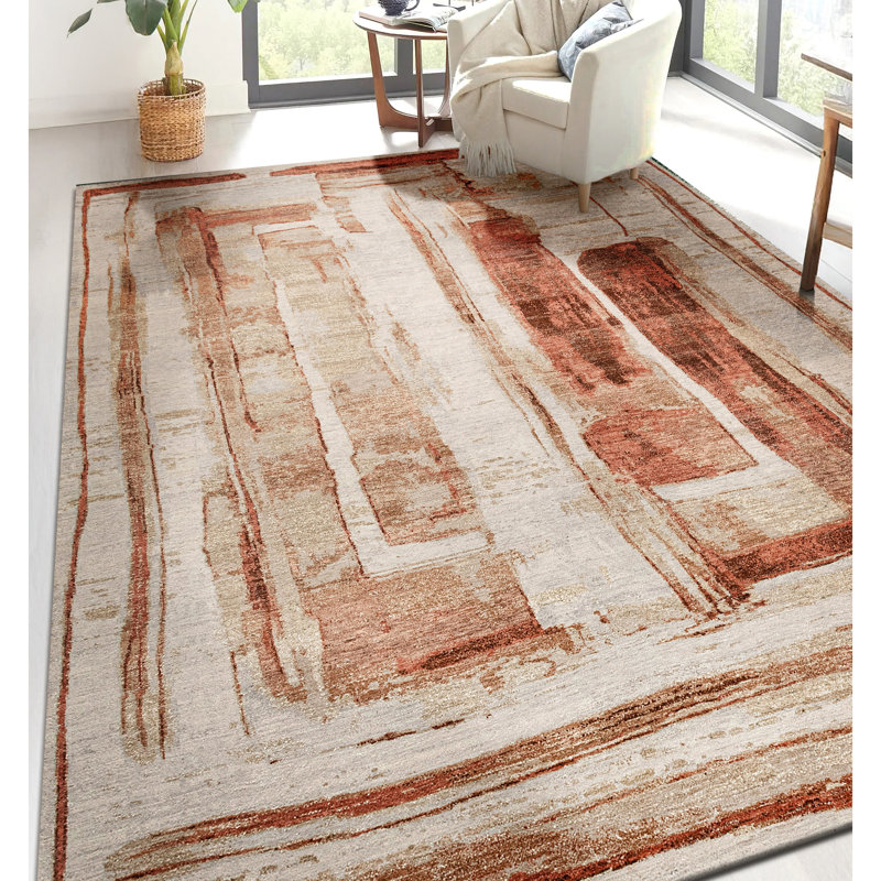 Tapis ivoire et rouille de haute qualité noué à la main, Rectangulaire 8 pi x 10 pi