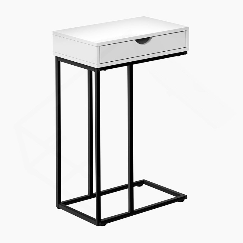 Table d'appoint, en forme de C, bout, côté, collation, tiroir de rangement, stratifié blanc, métal noir