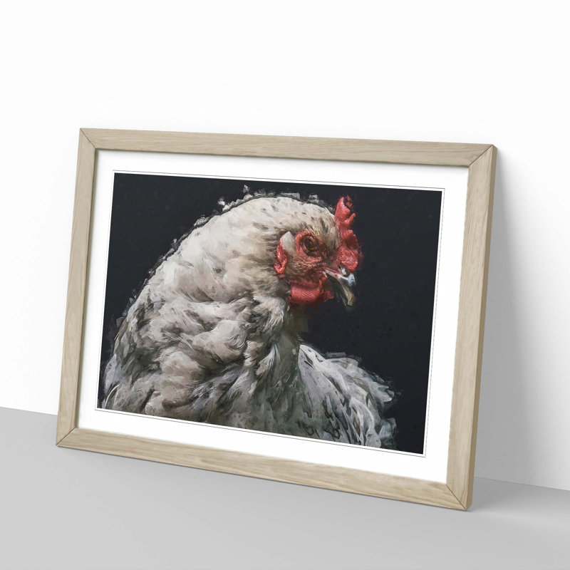 White Hen in Abstract - Picture Frame Graphic Art Print, 50cm H x 76cm W x 2cm D, Oak