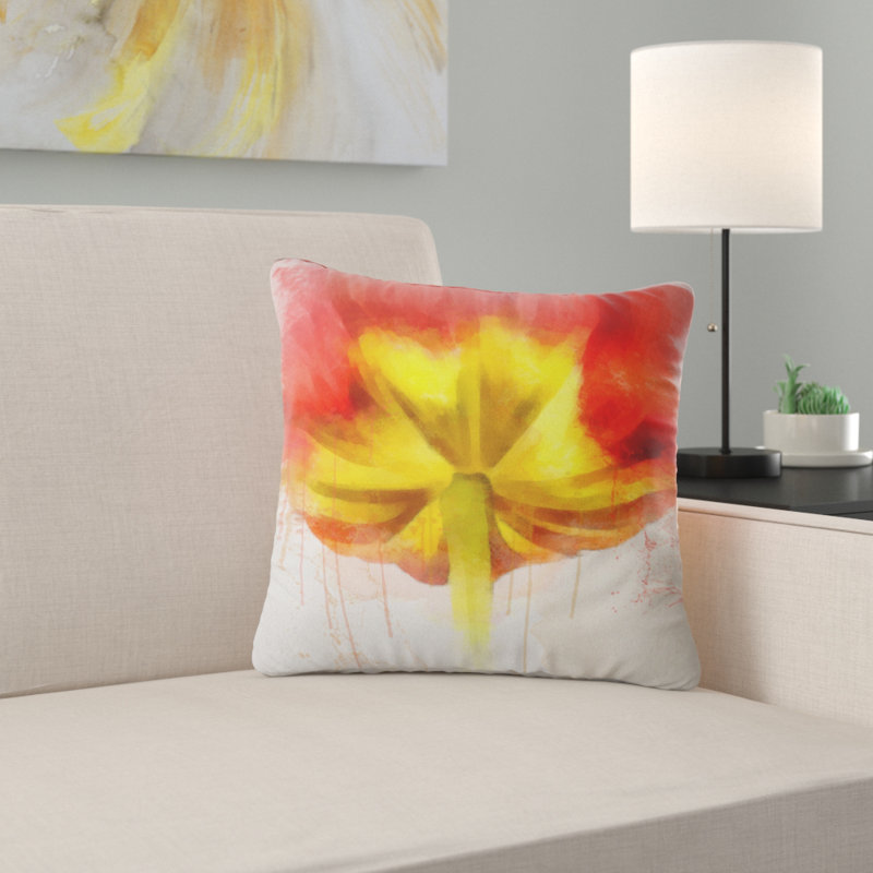 Grande aquarelle de fleur jaune rouge - coussin imprimé floral, 16 po x 1 po, Coussin décoratif