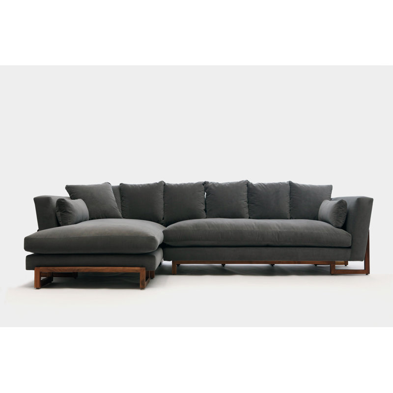 LRG Upholstered L-Shaped Sectional Left Hand Facing, Back Side Tray, Solid Walnut, Flannel