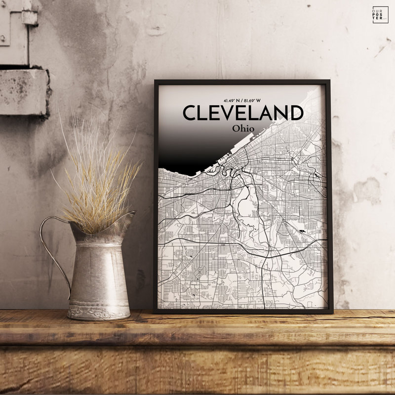 « cleveland city map », reproduction d’impression sur affiche à motif encre, H 27,6 po x l 19,7 po
