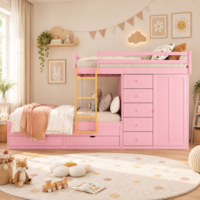 Lit superposé Scrigno double avec rangement : 2 grands tiroirs, 5 petits tiroirs et une armoire