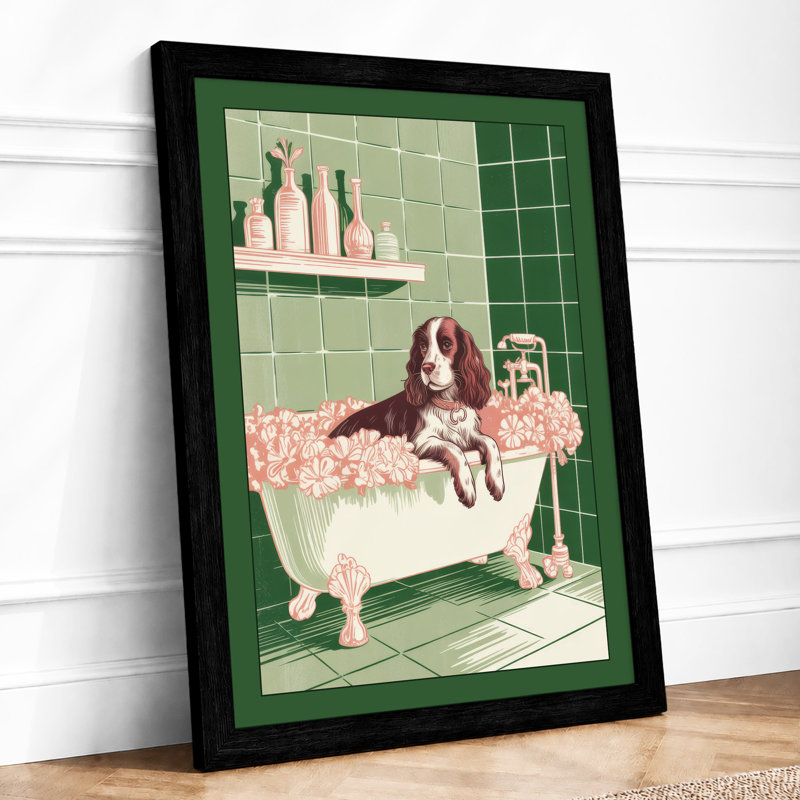 Spaniel's Bubble Bath Novelty - Framed Print, A3 - 42.0 x 29.7 cm, Black