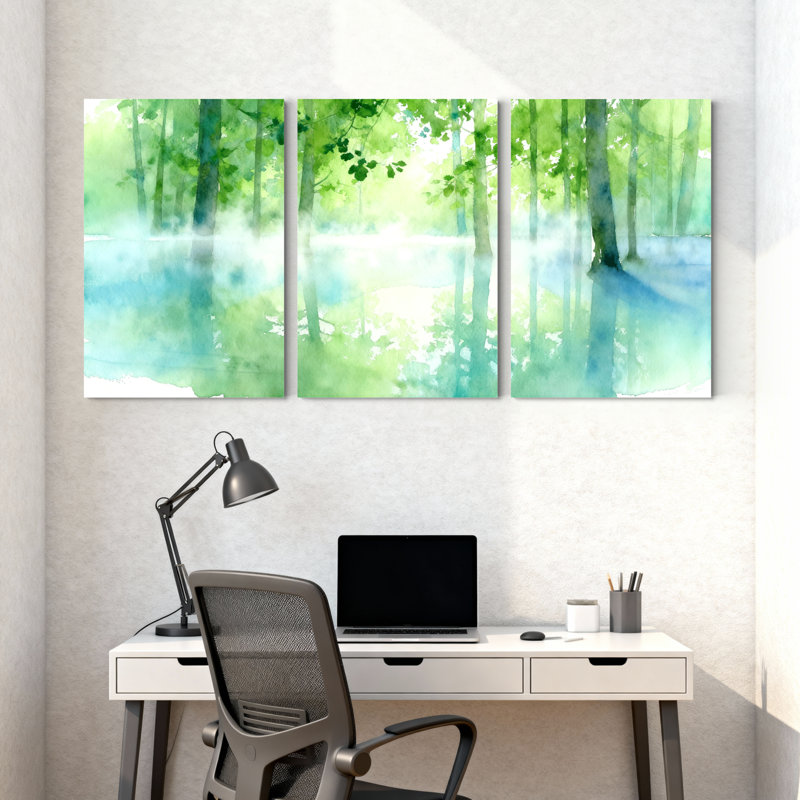 Forêt d'hiver, forêt verte, aquarelle, ensemble de 3 reproductions d'art sur toile, H 18 po x l 36 po