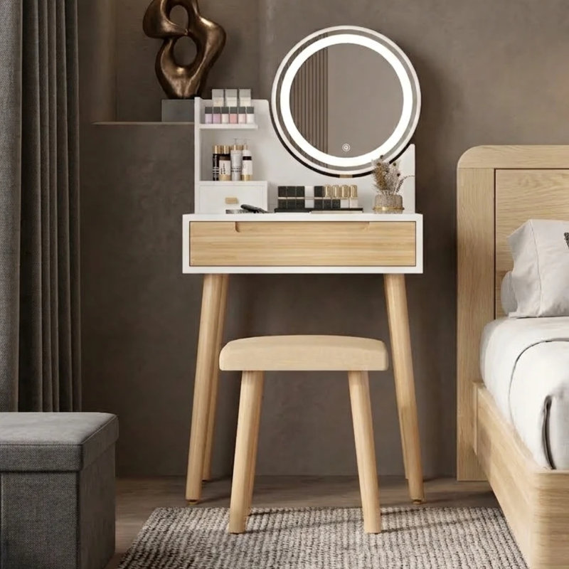 Dressing Table With Led Lighted Mirror, Makeup Vanity Table With Drawer And Stool, 60cm Desktop