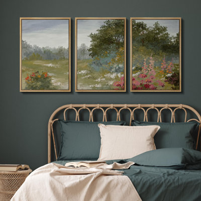 Rural Landscape " Whimsical Garden Path Colorful Floral Landscape Illustration Modern Decor Multicolor Chic " 3 - Pieces