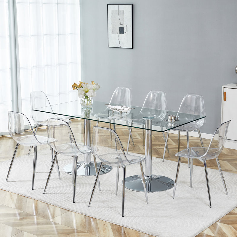  Table de salle à manger moderne en verre trempé de 71 po avec 8 chaises transparentes, ensemble de cuisine à double piédestal en acier inoxydable de luxe, sièges professionnels pour 8 personnes