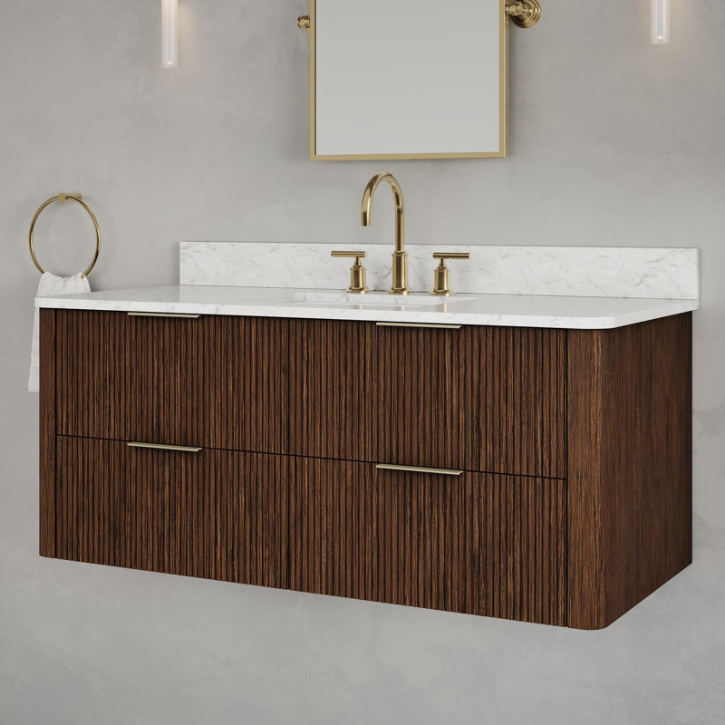 Clapp 48 po Meuble-lavabo simple rectangulaire flottant avec plateau en marbre de chêne truffier
