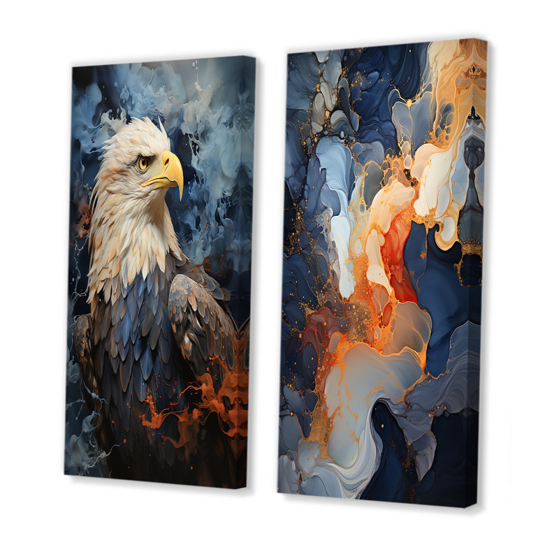Aigle bleu et noir abstrait - ensemble de salon mural 2 pièces, Toile tendue, H 28 po x l 25 po
