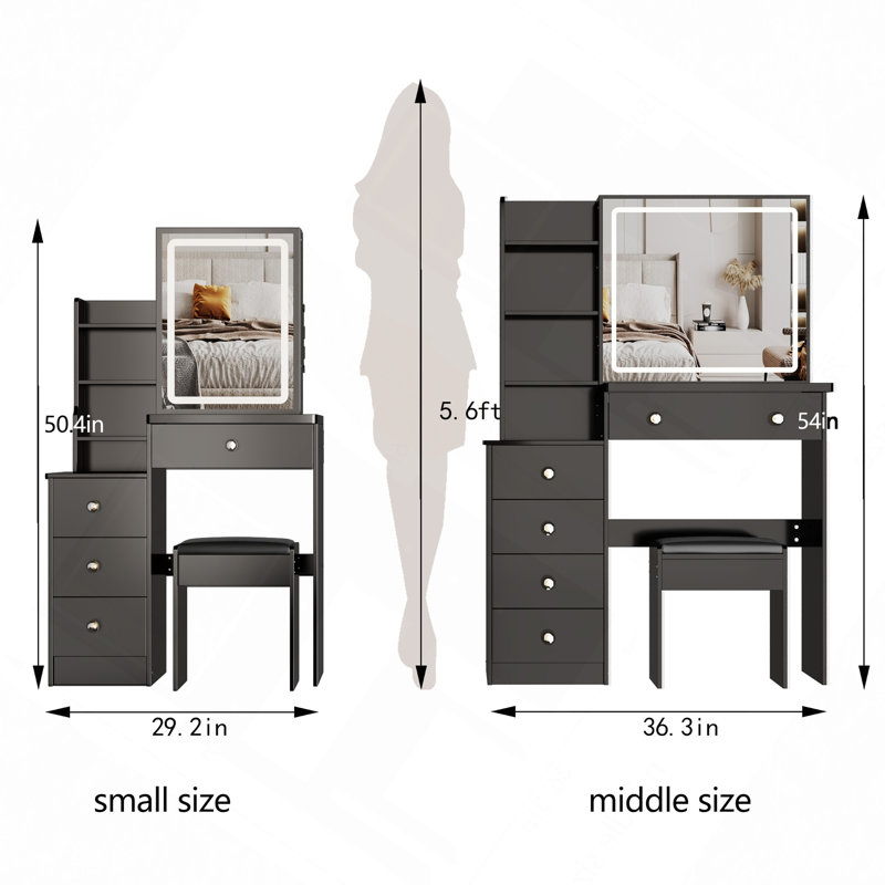 29.2" Left Bedside Cabinet Vanity Table With Cushioned Stool, Large Sliding, Touch Control, Tri-Color Switching, Brightness Adjust LED Mirror, High Capacity Storage, Suitable For Small Space