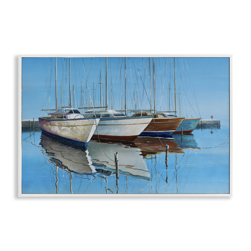 Quatre bateaux à quai, estampe numérique par Max Maxx, Estampe numérique encadrée blanc bord de mer, H 16 po x l 24 po